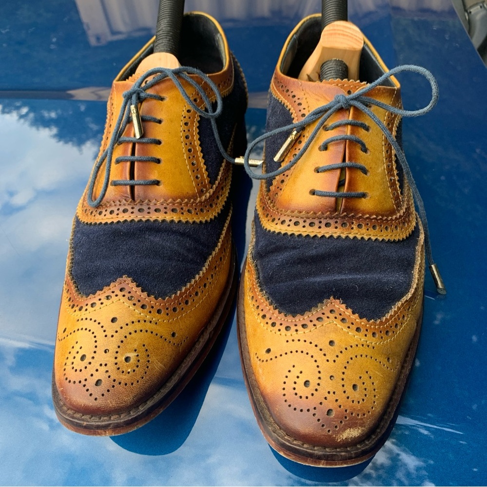 Lethato Wing Tip Oxford Brogue Shoes Men 9.5-10 Brown Nvy Leather Lace Up Shoe